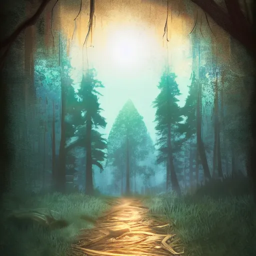 Prompt: hostile entity, journey, from trees, digital artwork