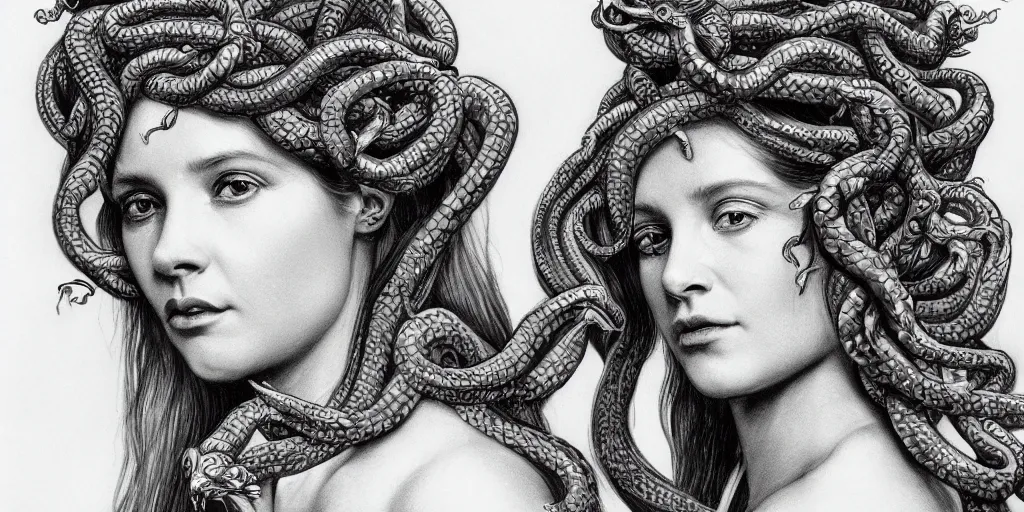 Image similar to realistic portrait of beautiful medusa with her snakes, golden, delicate, facing camera, hyper realism, 1 4 5 0, ink, ultra realistic, 8 k