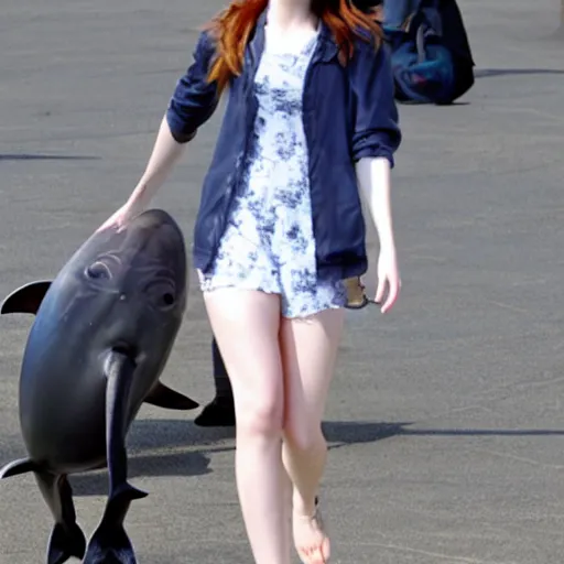 Image similar to paparazzi photo of Anna Kendrick walking her pet dolphin