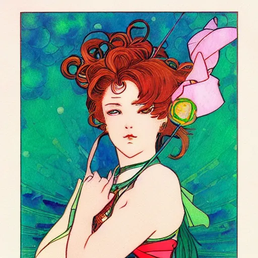 Prompt: the sailor jupiter. beautiful, realistic painting by mucha and malevich and kuvshinov and bilibin. synthwave watercolor, thick linings, manga
