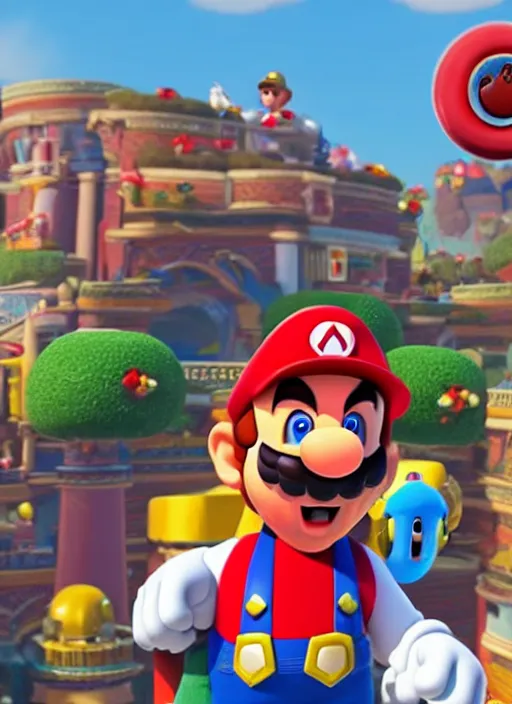 Image similar to film still of tom selleck as mario in super mario odyssey, gameplay, 8 k, hd