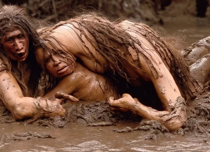 Image similar to cavewomen mud wrestling a neanderthal woman, movie still, from the movie quest for fire, 8 k, realistic