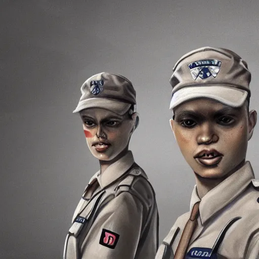 Prompt: ( ( beige ) ) uniform and caps zombie security officers ( inside brutalist concrete office structure ) trending on artstation very high detail digital painting 4 k 8 k hd accurate