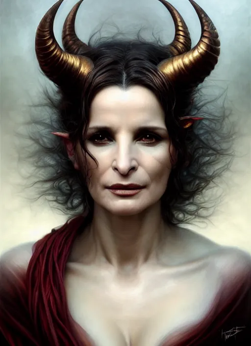 Prompt: julette binoche as an devil, aesthetic, fine art, intricate, elegant, highly detailed, realistic hair, centered, digital painting, art station, conceptual art, soft, sharp focus, illustration, artwork, artgerm, tomasz alen kopera, peter mohrbacher, donato giancola, wlop, boris vallejo