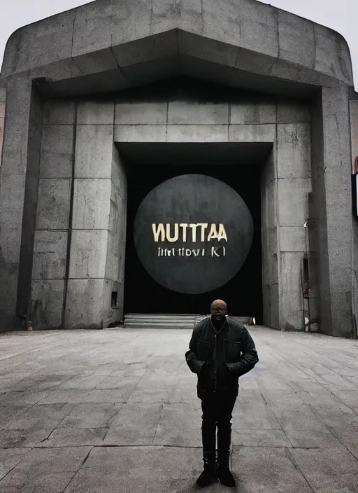 Image similar to Kanye West standing in front of the entrance to Huta Katowice, big Huta Katowice text over the entrance, iPhone photo