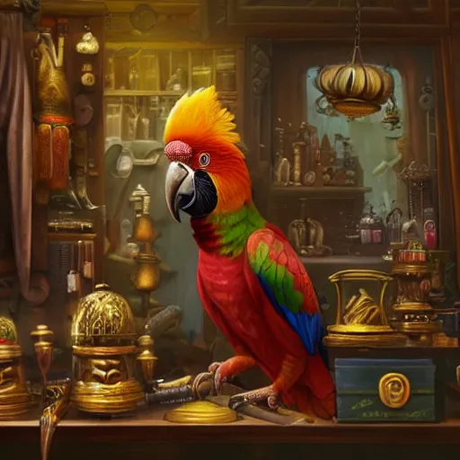 Image similar to A Anthropomorphized parrot trader in his shop, selling his wares, portrait, items, gold, carpet, window, sly expression, cunning expression, presenting wares, holding a gold bag, D&D, fantasy, intricate, cinematic lighting, highly detailed, digital painting, artstation, concept art, smooth, sharp focus, illustration, warm light, magic the gathering artwork, art by Akihiko Yoshida, Greg Rutkowski