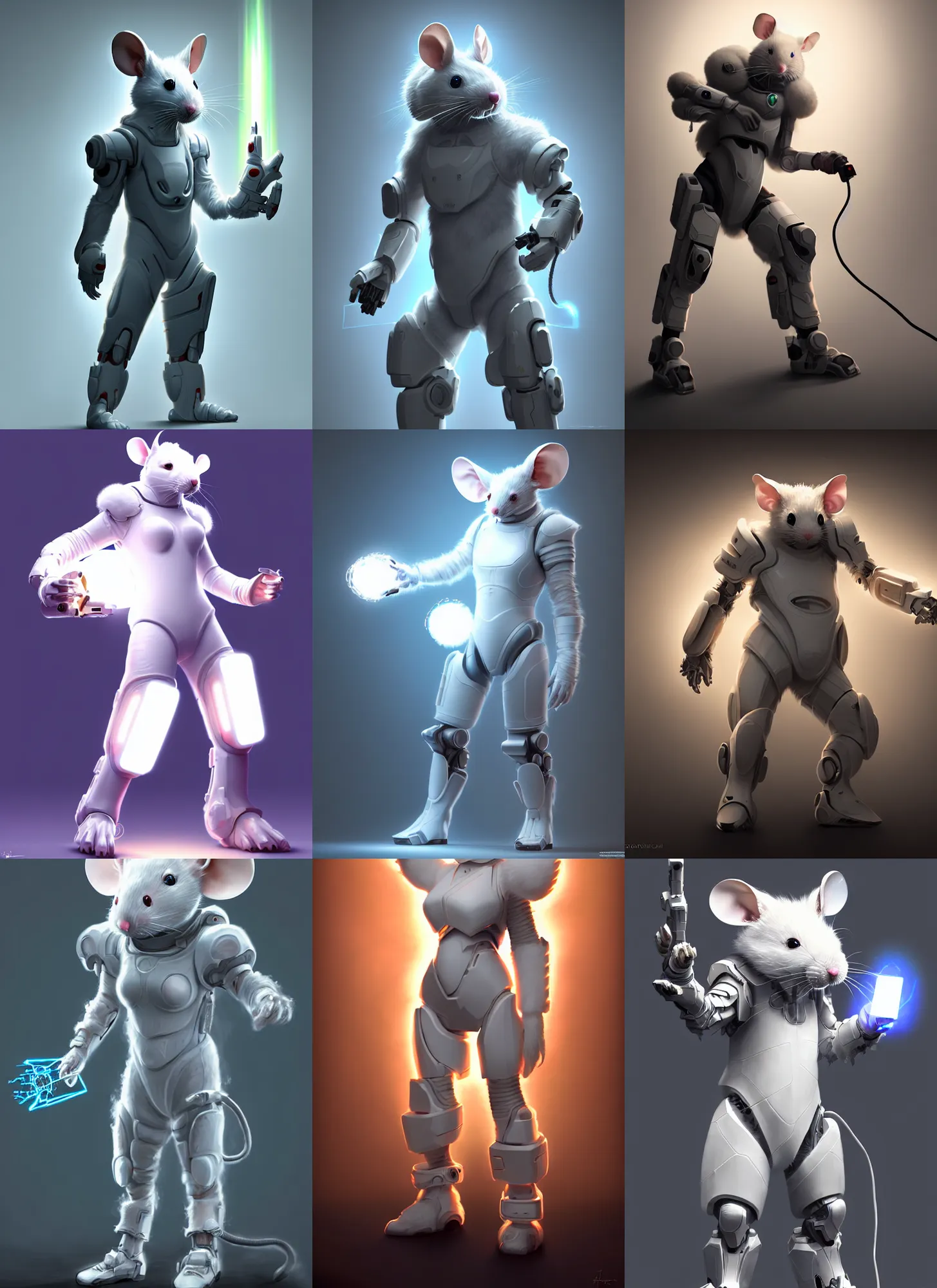 Prompt: full body character of an antropomorphic white furred mouse technomage in light tech armor holding a charging a spell in one hand, high detail, scifi, cyberpunk style, soft studio lighting, digital painting, concept art, octane render