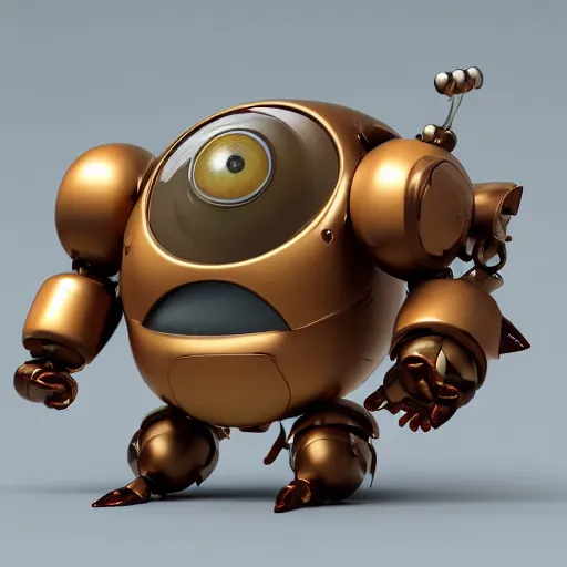 Image similar to a small chubby bot, smooth panelling, one large gold eye intricate detail, style of pokemon, with damaged rusty arms, broken antenna, recycled, floating, white studio, oil, mechanical, toy, ambient light, in the style of pixar animation, pokedstudios, blender, octane render, 8 k,