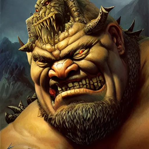 Prompt: head and shoulders portrait of an ogre barbarian, d & d, fantasy, greg rutkowski, frank frazetta, alexandre chaudret, boris vallejo, michael whelan, miro petrov, hr giger, magali villeneuve, donato giancola