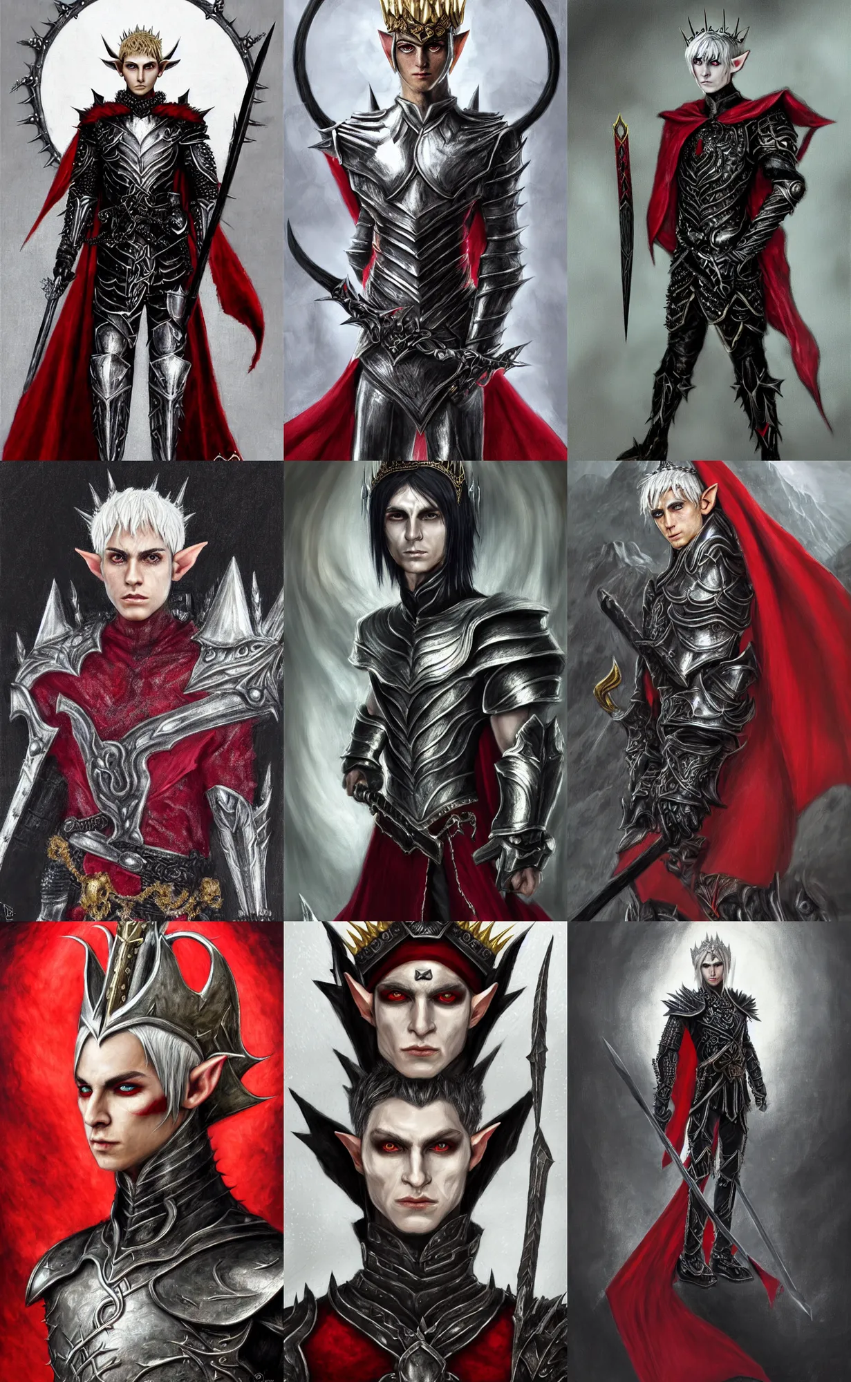 Prompt: A portrait of a male elf, 20 years old, short silver hair, red eyes, wearing a spiked black metal tiara, wearing black heavy armor with gold trim, wearing a red cape, lean but muscular, attractive, command presence, royalty, weathered face, smooth, sharp focus, illustration, concept art, highly detailed portrait, muscle definition, fantasy painting, ArtStation, ArtStation HQ
