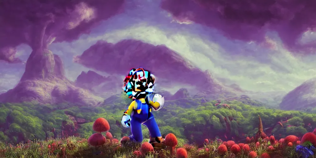 Prompt: Super Mario in an alien landscape, looming surreal mountains in background, purple foliage, green sky, red grass, hundreds of blue mushrooms in distance, cinematic lighting, detailed oil painting, 8k