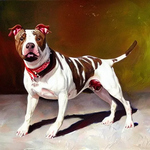 Prompt: pitbull with brindle coat and white paws and white chest on rollerblades. painting. oil painting. fun. energetic. colorful.