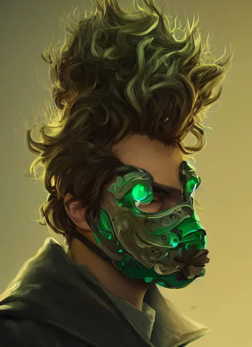 Image similar to a highly detailed illustration of young thick wavy messy haired guy wearing mechanical green face mask and brown noir coat, clean shaven, dramatic bored expression, intricate, elegant, highly detailed, centered, digital painting, artstation, concept art, smooth, sharp focus, league of legends concept art, wlop