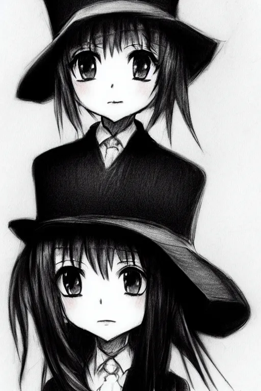 Image similar to highly detailed, cute loli in a tall black top hat, face profile, pencil sketch, gray scale, anime style