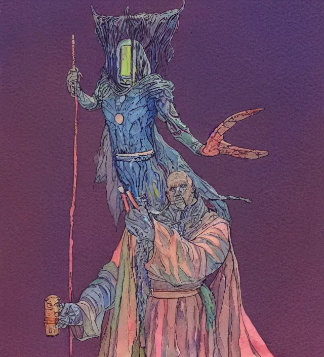 Image similar to a 3 / 4 view watercolor ink painting of an android shaman / wizard casting a spell in the style of jean giraud in the style of moebius trending on artstation deviantart pinterest detailed realistic hd 8 k high resolution