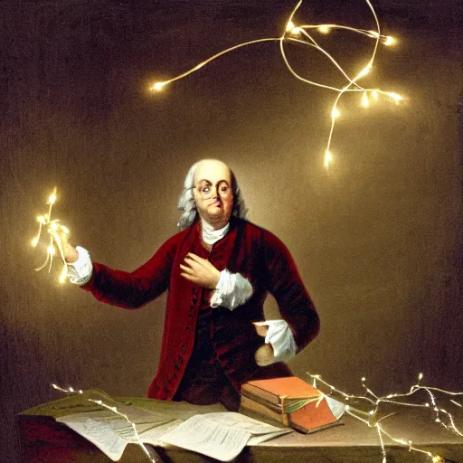 Image similar to benjamin franklin angrily throwing a string of led lights in the trash