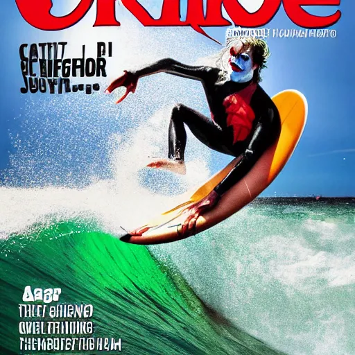 Image similar to the joker catching a wave, cover of surfer magazine, july 2 0 1 1