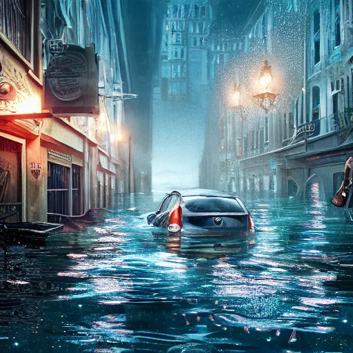 Prompt: A flooded city street, under water, horror, liminal, hyper detailed, dramatic lighting, CGsociety, realistic, fish, hyper detailed, insane details, intricate, dramatic lighting, hypermaximalist, golden ratio, rule of thirds, octane render, weta digital, micro details, ultra wide angle, Artstation trending, 8k,