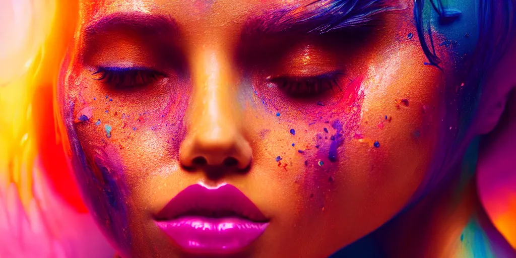 Image similar to very beautiful woman, face submerged in colorful oils, brown skin, realism, extreme detail, real life, key art, soft light, volumetric light, 3 - d shadows, photo by james jean and wlop, photoshoot