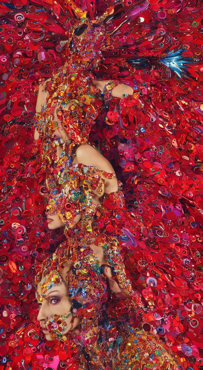 Image similar to a female character design wearing psychedelic high fashion, a red sequined bodysuit, beads hanging over her face like an alexander mcqueen headdress, costume by eiko ishioka, haute couture, dior, and a red cape by moebius, steven outram, colorful and psychedelic, hd, 8 k, artstation, high quality, ultra detailed