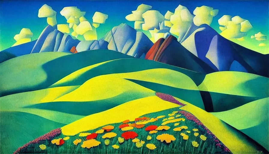 Image similar to mountain landscape in spring!!, flowers, teal landscape, dreamy light, sunny complementary palette, by and jacek yerga and tamara de lempicka and jesse king, pop surrealist, wiccan