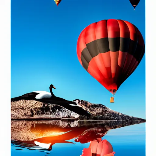 Image similar to photo of two black swans swimming in a beautiful reflective mountain lake, touching heads, forming a heart with their necks, a colorful hot air balloon is flying above the swans, hot air balloon, intricate, 8k highly professionally detailed, HDR, CGsociety