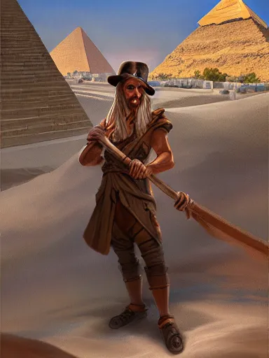 Image similar to a handsome man, leaning on his staff, near the great pyramids. intricate, elegant, highly detailed, digital painting, artstation, concept art, sharp focus, illustration, by justin gerard and artgerm, 8 k