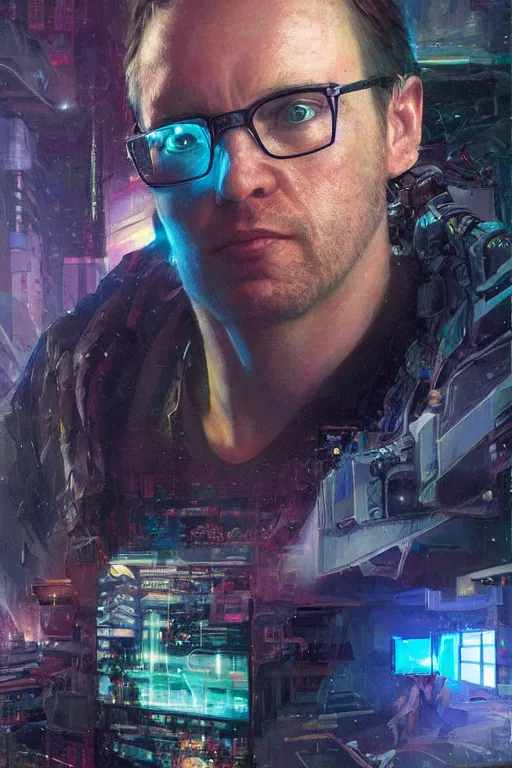 Image similar to A portrait of the author Erik Davis as a cyberpunk, iridescent highlights, background of digital greebles, highly detailed, intricate, soft, sci-fi, sharp focus, glowing lines, art by Ruan Jia and Moebius