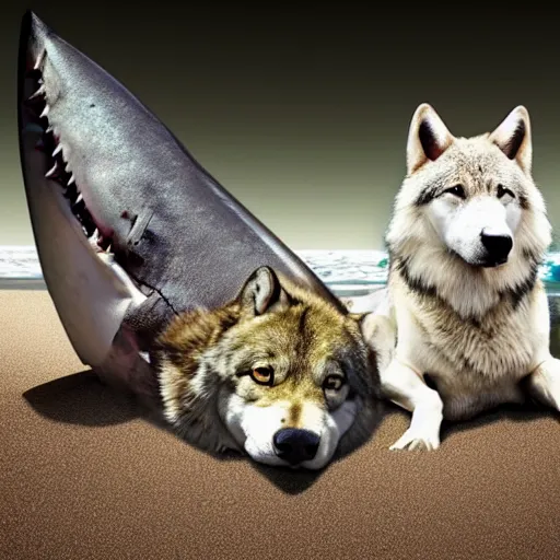 Image similar to professional photo of a shark body and canine wolf head half wolf half shark strange chimera discovered on the beach