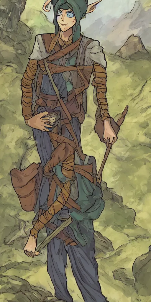 Image similar to an wood elf boy getting ready for an high fantasy adventure on the mountain side, anime style, tarot card, Tarot card the fool, fine line work, colorful,