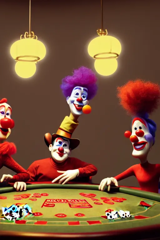 Image similar to pixar clowns sitting around a poker table, laughing maniacally | glamorous oily soft polished rich ornate modern | weta disney pixar movie still photo | hi - fructose, sci fi fantasy, smooth, octane render, sharp focus, artstation, concept art | artgerm, mucha, rutkowski, feng zhu, wlop, loish