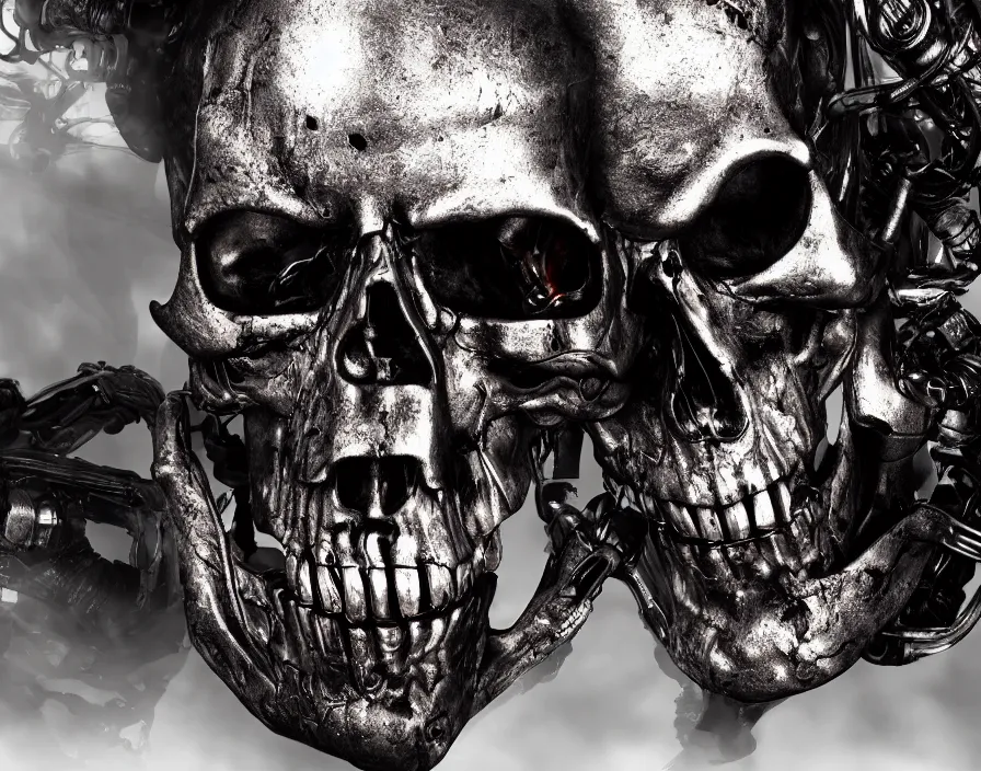 Image similar to terminator skull, realistic metal skull, realistic metal, beautiful texture, beautiful graphics, fantasy artwork, very beautiful scenery, hd, hdr, ue 5, ue 6, unreal engine 5, cinematic 4 k wallpaper, 8 k, ultra detailed