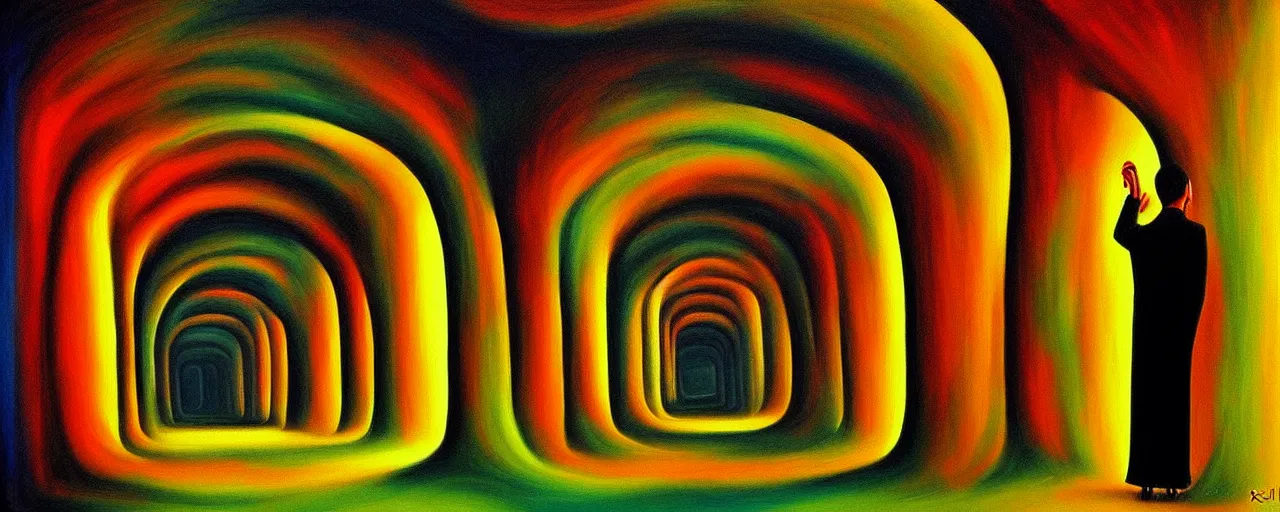 Prompt: long tunnel ego - self axis, surrealistic painting by ronny khalil