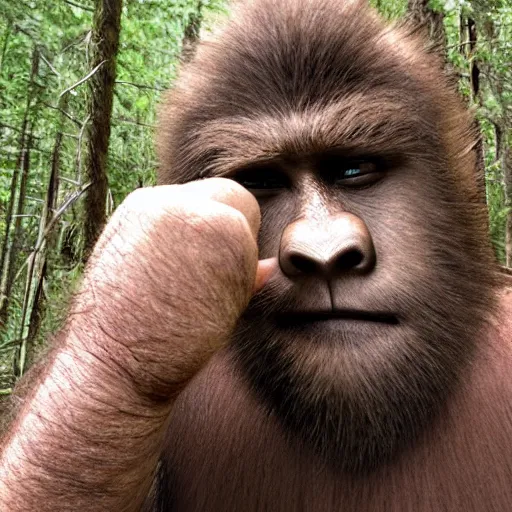 Prompt: a sasquatch looking into a trail cam, picking his nose