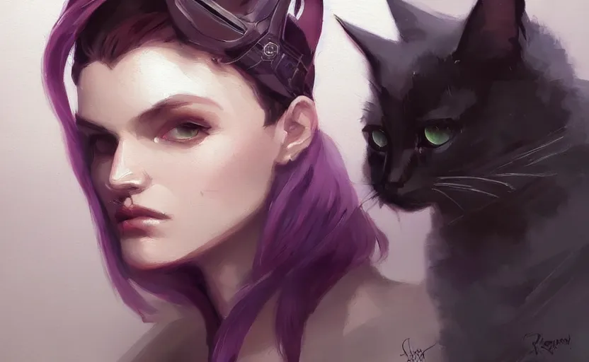 Image similar to a painting of swervy trending on artstation in the style of greg rutkowski, beautiful, sensual, woman with cat, cat ears, purple, portrait