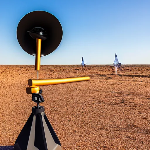 Image similar to cone shaped peaceful mobile biomimetic rugged anemometer station sensor antenna on all terrain tank wheels, for monitoring the australian desert, XF IQ4, 150MP, 50mm, F1.4, ISO 200, 1/160s, dawn, golden ratio, rule of thirds