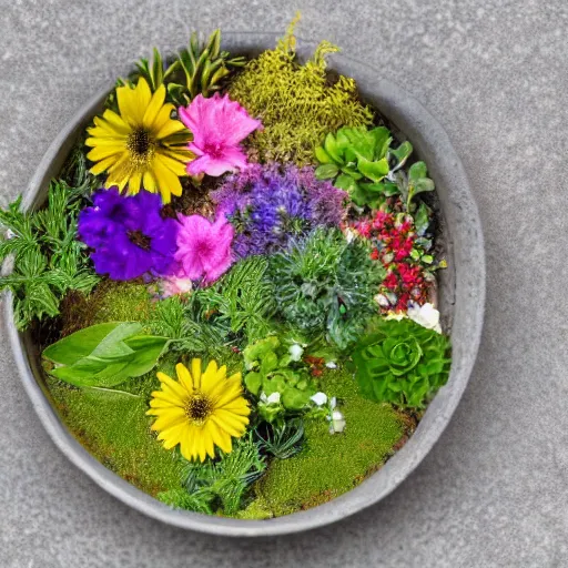 Prompt: plants, flowers, trees being mixed in a bowl