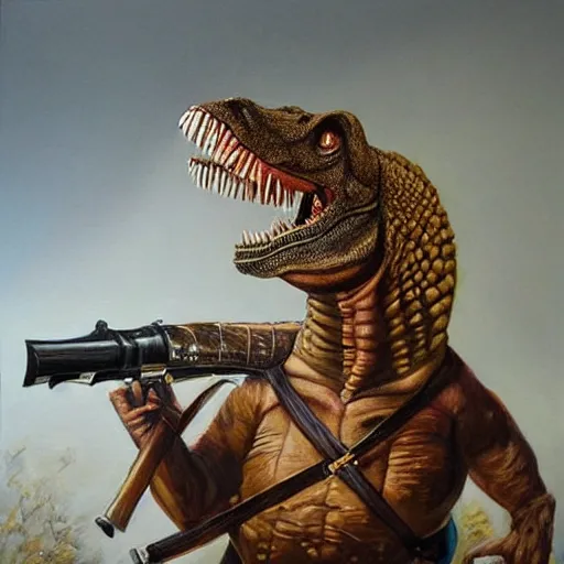 Image similar to a hyper realistic painting of a t - rex holding a musket and wearing a bicorn hat, super detailed, realistic, thick brush strokes, visible paint layers.