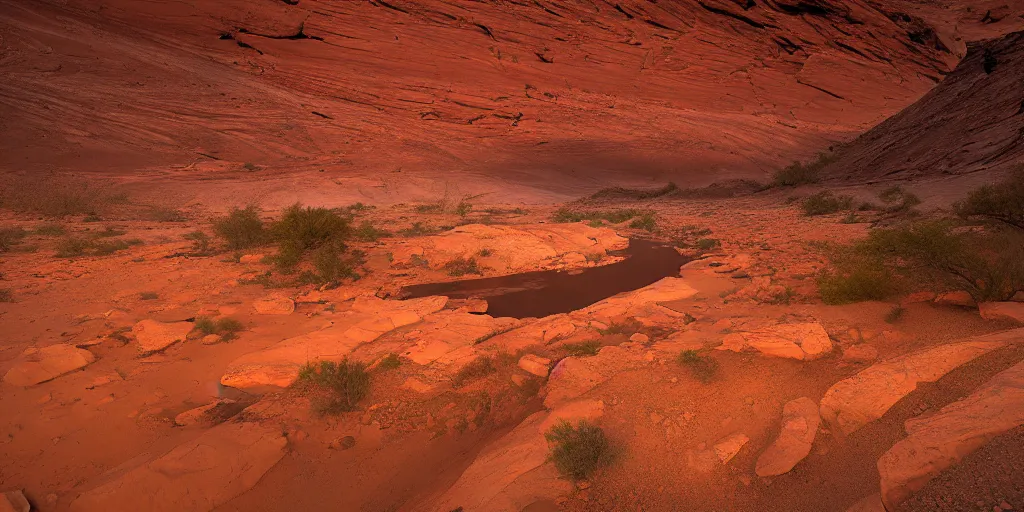 Image similar to a ground - level view of a river bend running through a canyon surrounded by desert mountains at sunset on mars, planet mars, moab, utah, a tilt shift photo by frederic church, trending on unsplash, hudson river school, photo taken with provia, national geographic photo