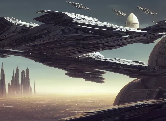 Prompt: a single large spaceship seen from the surface of a busy metropolis, star wars, star citizen digital art, trending on art station