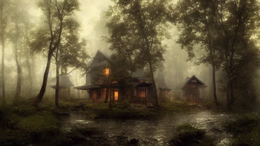 Image similar to [ a cabin in the woods, raining ] andreas achenbach, artgerm, mikko lagerstedt, zack snyder, tokujin yoshioka