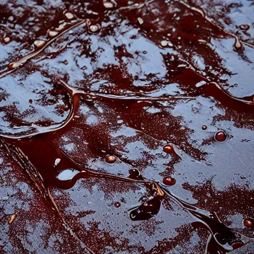 Image similar to an chocolate liquid melting from sky and flooding the street of tokyo