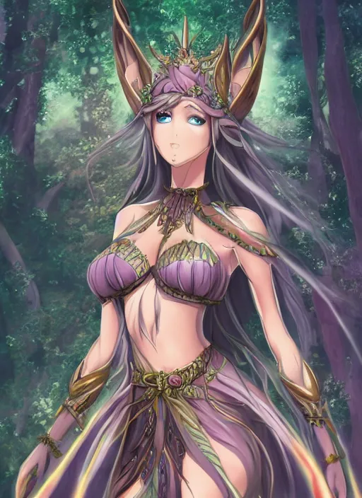 Prompt: an elven goddess, full body perspective painting, anime still illustrated by Madhouse Animations