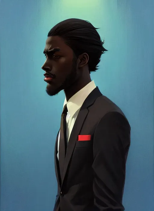 Image similar to a man in his twenties, black skin handsome, long hair, suit ， perfect face, symmetric eyes, sharp focus, specular reflection, occlusion shadow, artstation, by ilya kuvshinov and jeremy lipking, light novel cover art, 3 d epic illustrations, symmetric body