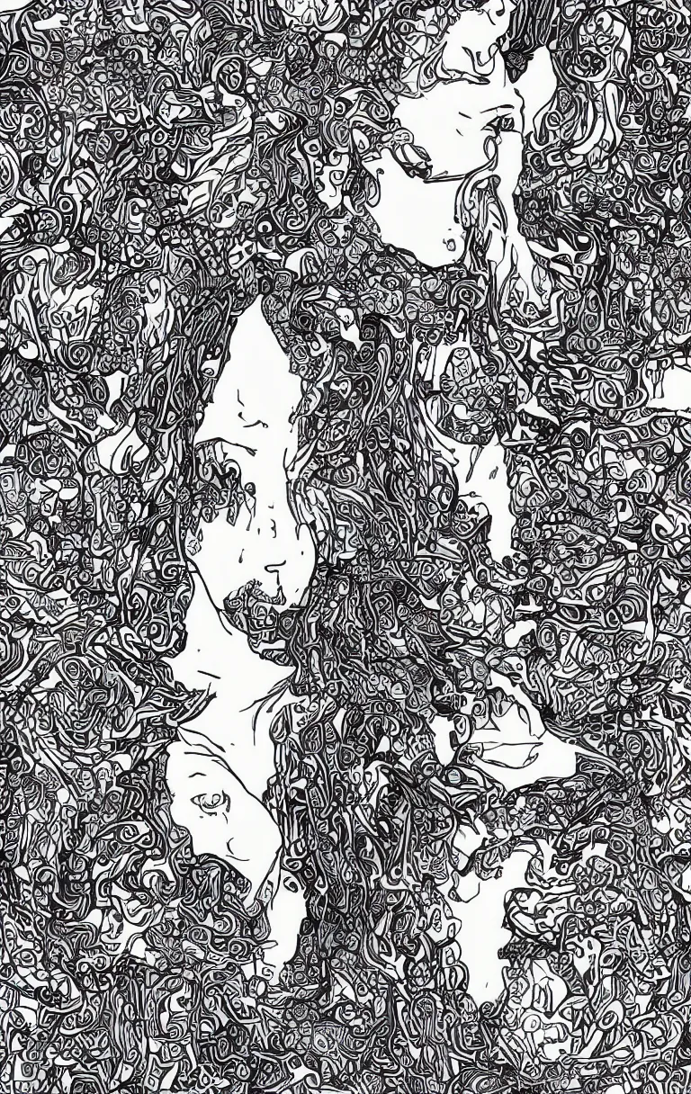 Image similar to beautiful hippie girl illustration, closeup in bikini over psychedelic sacred geometry hallucination