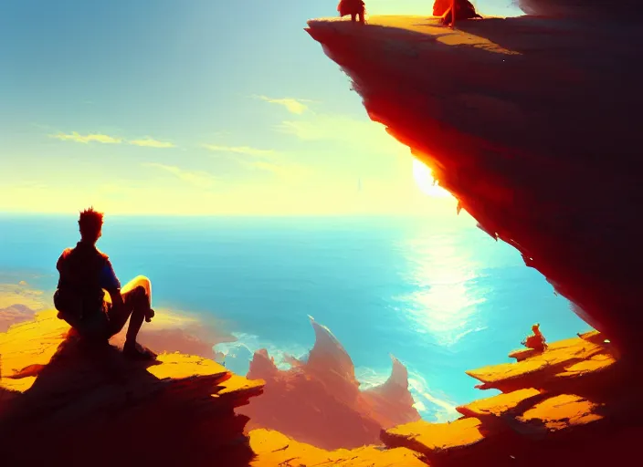 Image similar to a man sitting on a cliff watching the sun shining bright, painting, digital art, harsh lighting, trending on art station, art by greg rutkowski and andreas rocha, 8 k