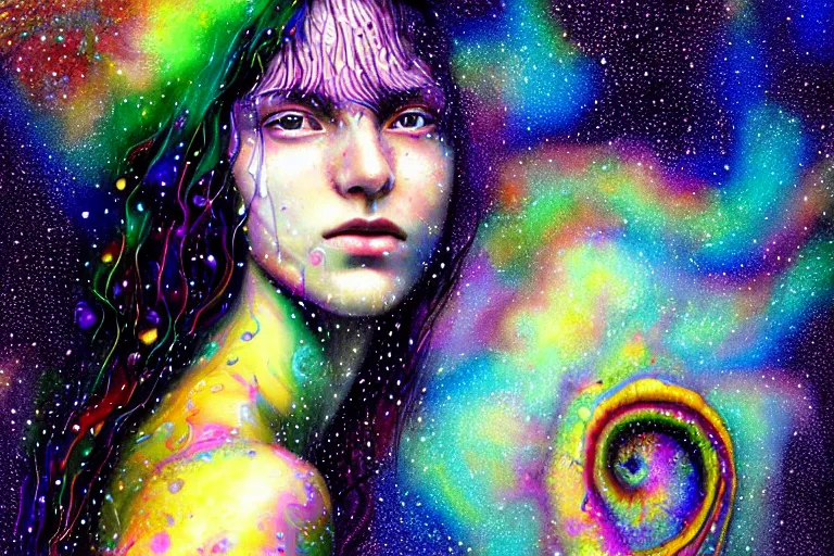 Image similar to girl finding spiritual freedom in psychedelic LSD rain with wet hair and face, morphing to stary complex spiral galaxy, fantasy, intricate, elegant, dramatic lighting, emotionally evoking symbolic metaphor, highly detailed, lifelike, photorealistic, digital painting, artstation, concept art, smooth, sharp focus, illustration, art by John Collier and Albert Aublet and Krenz Cushart and Artem Demura and Alphonse Mucha