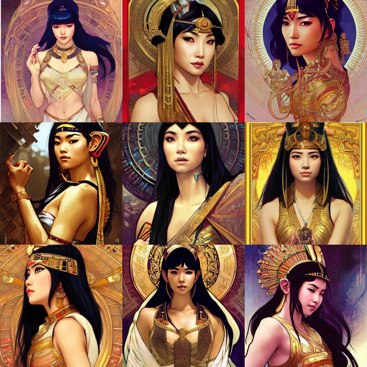 Image similar to An Asian Cleopatra by Artgerm and greg rutkowski and alphonse mucha