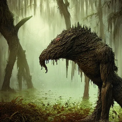 Prompt: swamp monster, 8 k, depth of field, 3 d, art by artgerm and greg rutkowski