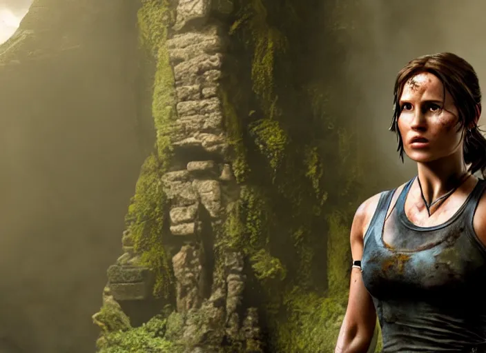 Image similar to film still of!!!! daisy edgar jones!!! as lara croft in new tomb raider movie, 8 k